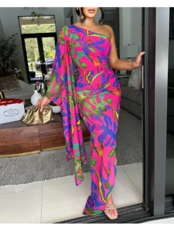 Disty Floral Printing One-shoulder Fitted Long Sleeves Dress