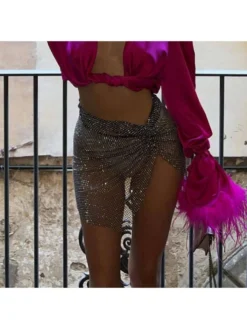 Hollow-out Rhinestone Split Hem Skirts