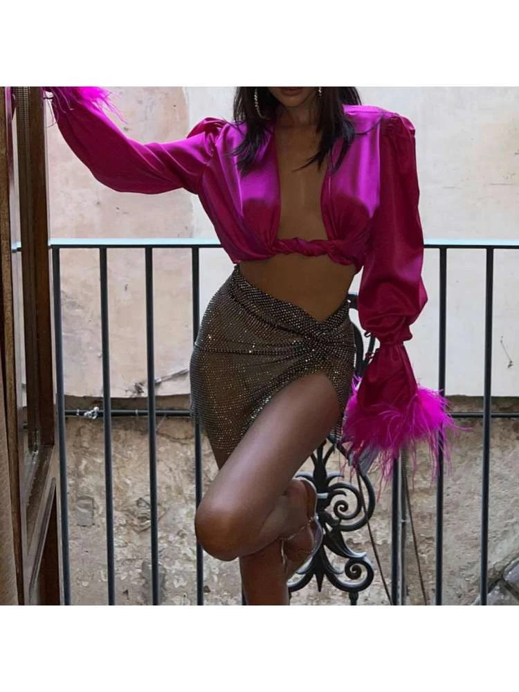 Hollow-out Rhinestone Split Hem Skirts - Image 2