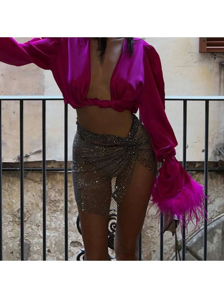 Hollow-out Rhinestone Split Hem Skirts - Image 4