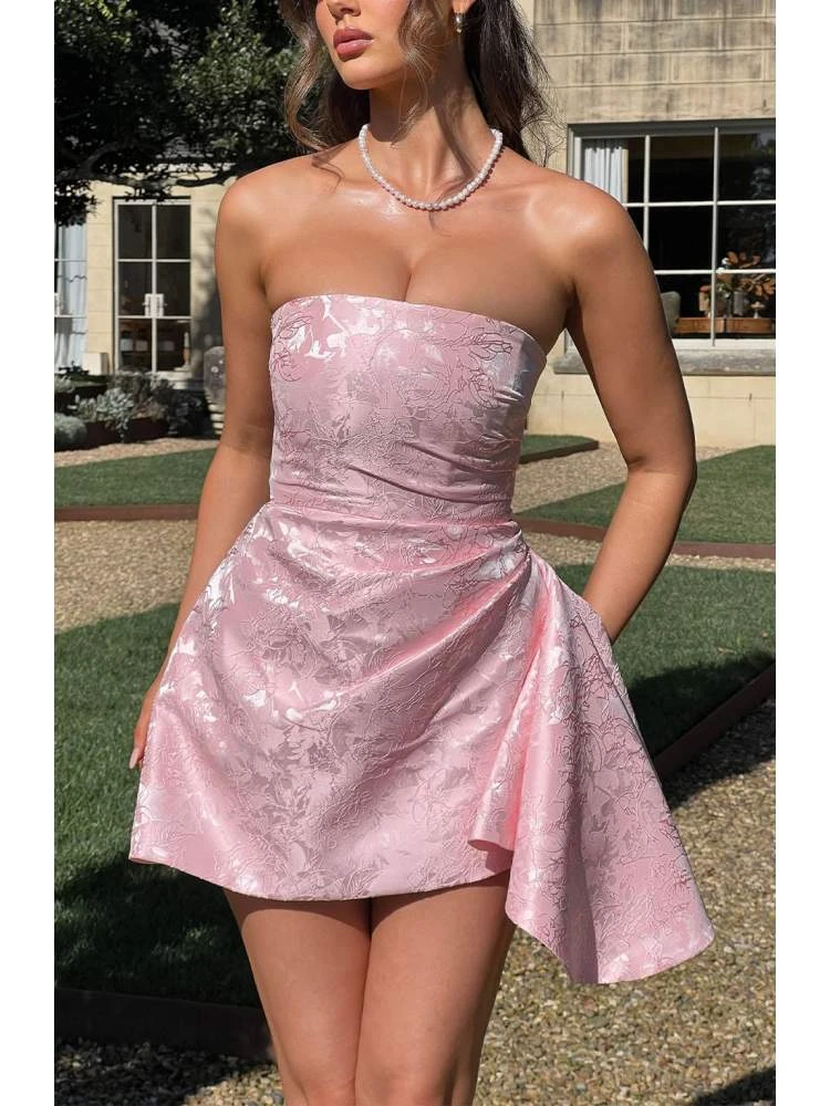 Ruched Jacquard Weave Strapless Mini Dress