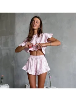 Ruffle Print Short Sleeve Pajamas Sets