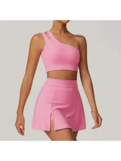 Solid Color One-shoulder Cropped Yoga Skirt Sets