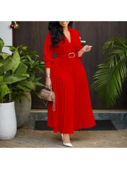 Solid Color Pleated With Belt A-line Dress