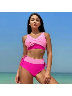 Colorblock Patchwork Crewneck Bikinis
