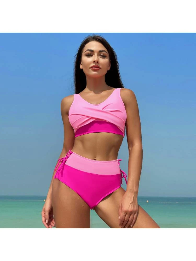 Colorblock Patchwork Crewneck Bikinis