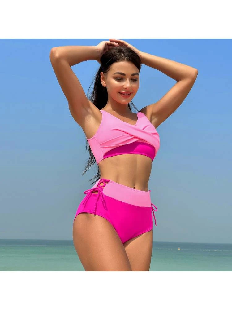 Colorblock Patchwork Crewneck Bikinis - Image 2