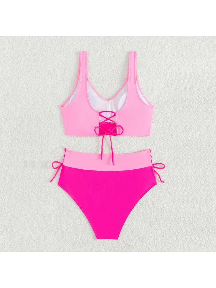 Colorblock Patchwork Crewneck Bikinis - Image 5