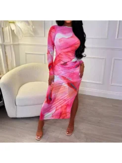 Print Split Hem Long Sleeve Midi Dress