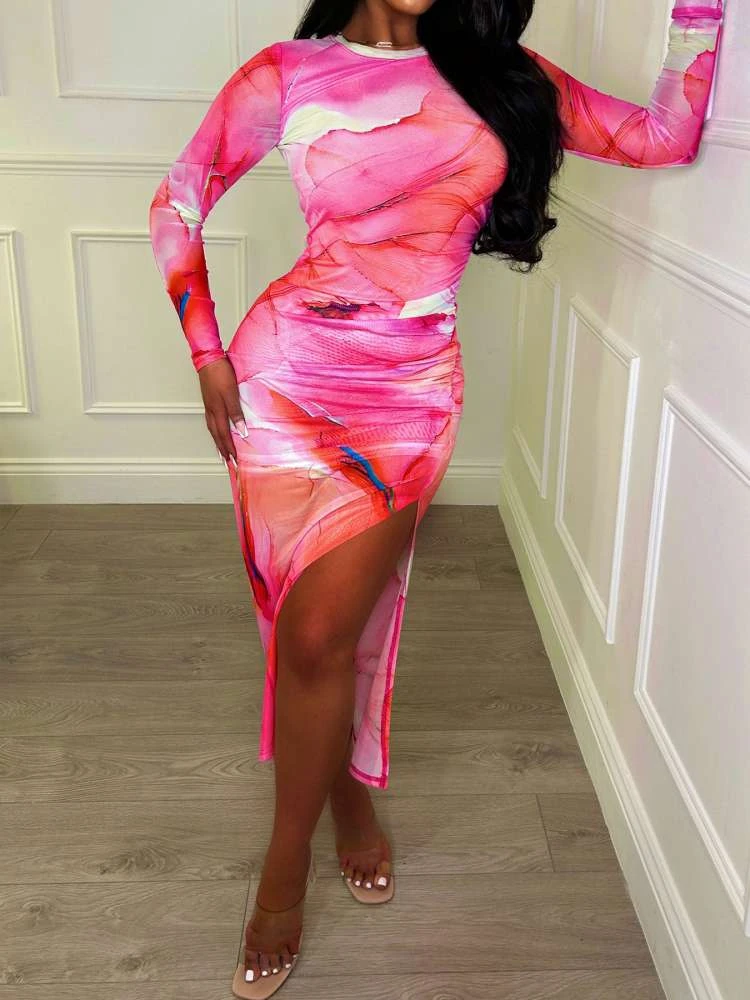 Print Split Hem Long Sleeve Midi Dress - Image 2