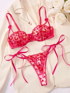 Bow Heart Embroidery Perspective Bra Sets