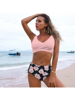 Print V Neck Sleeveless Bikinis