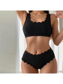 Rippled Edge Solid Color Square Neck Bikinis