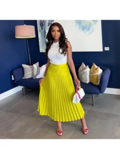 Patchwork Solid Color Pleated High Rise Skirts