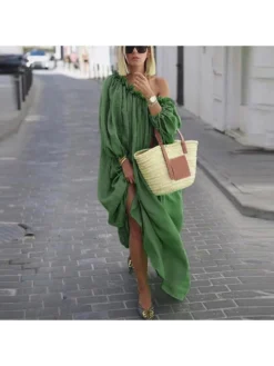 Off Shoulder Lace Up Loose Maxi Dress