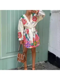 Print Lace Up V Neck Lantern Sleeve Dress