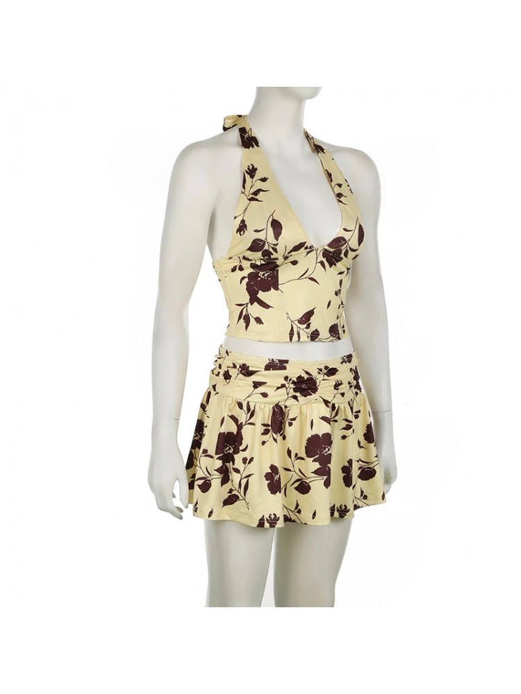 Print Halter Patchwork Backless Skirt Sets - Image 8