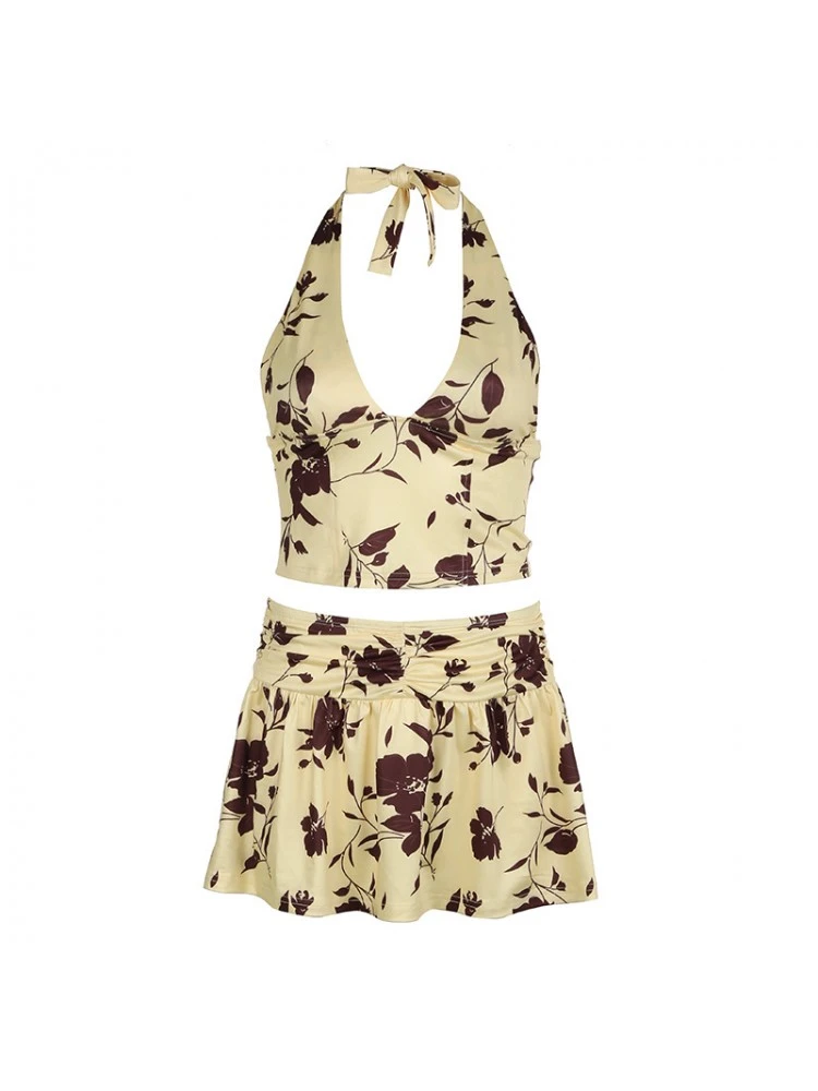 Print Halter Patchwork Backless Skirt Sets - Image 11