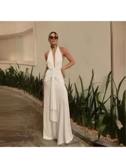 Patchwork Ruched Halter Backless Maxi Dresses