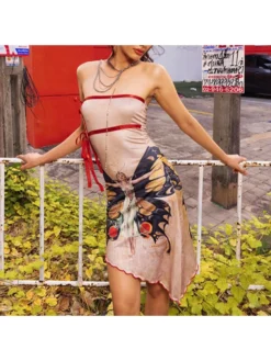 Butterfly Pattern Asymmetrical Strapless Dresses