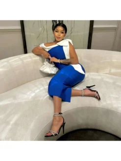 Colorblock Bow Inclined Shoulder Midi Dress