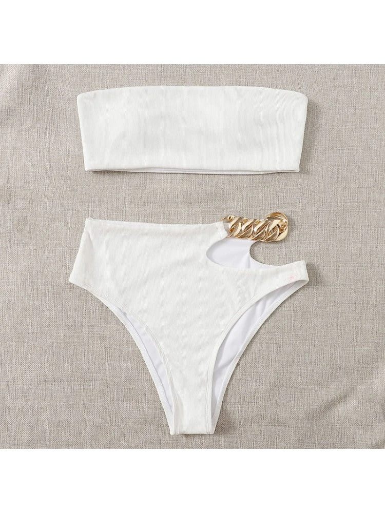 Hollow-out Metal Chain Strapless Bikinis - Image 2