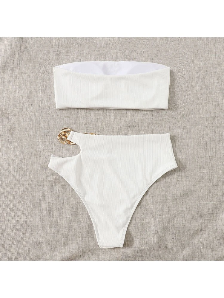Hollow-out Metal Chain Strapless Bikinis - Image 3