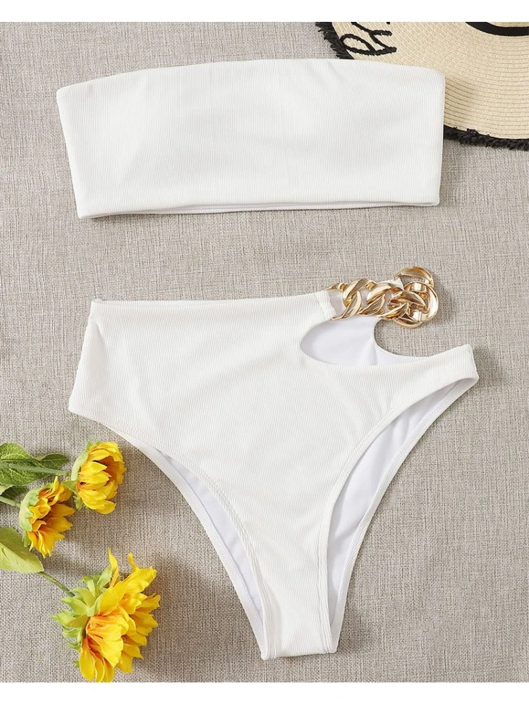 Hollow-out Metal Chain Strapless Bikinis - Image 4