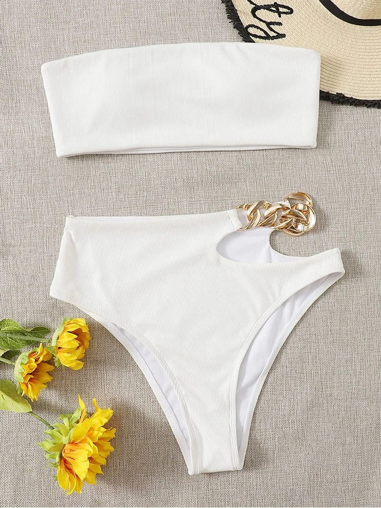 Hollow-out Metal Chain Strapless Bikinis - Image 7