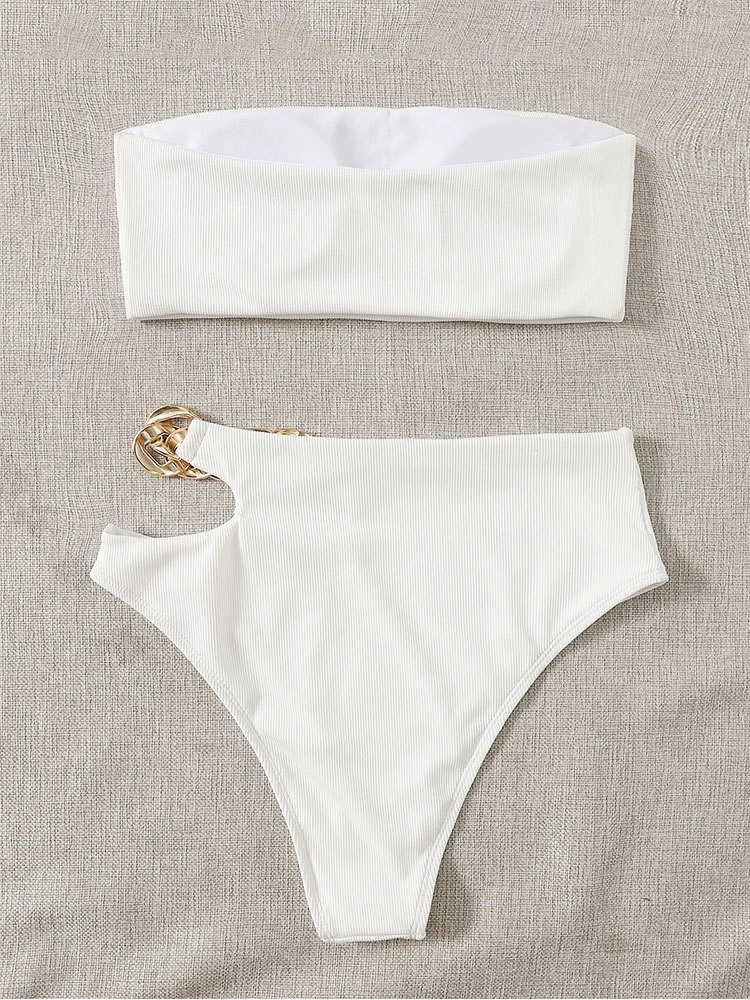 Hollow-out Metal Chain Strapless Bikinis - Image 9