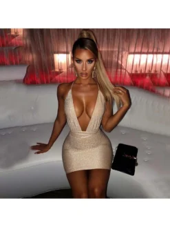 Patchwork Tie-wrap Plunging Neckline Backless Dresses