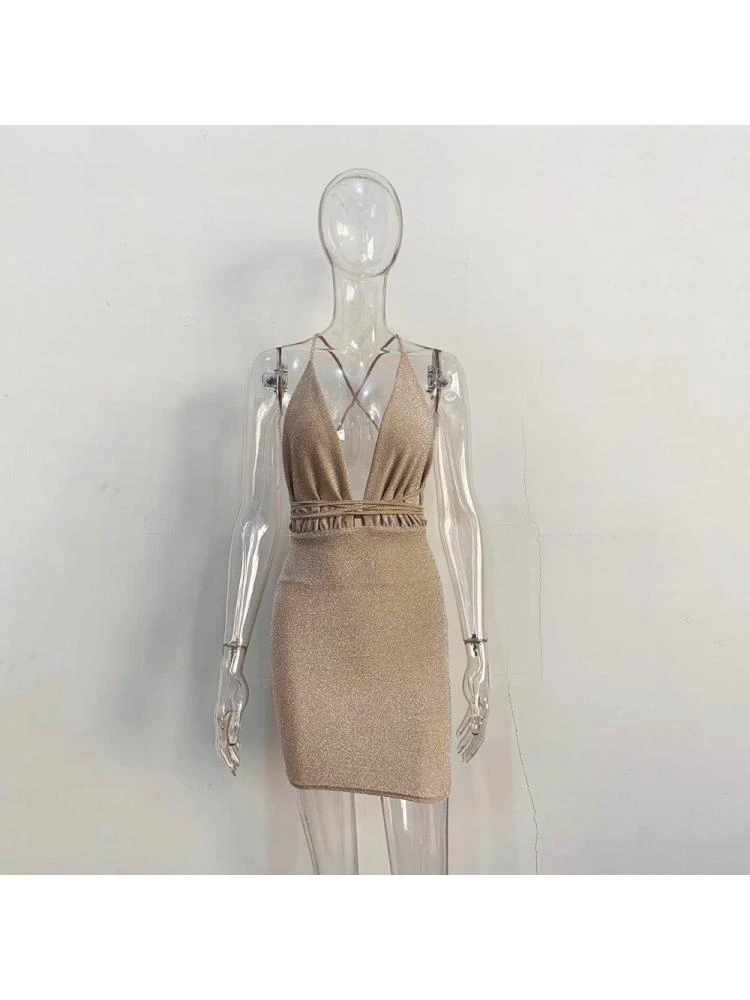 Patchwork Tie-wrap Plunging Neckline Backless Dresses - Image 4