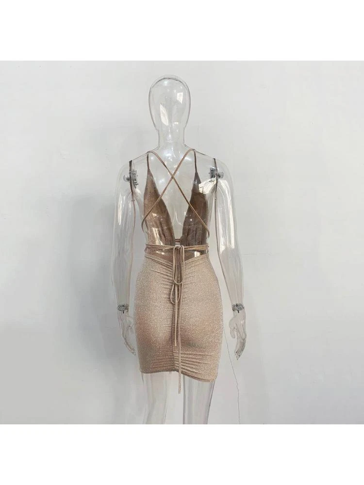 Patchwork Tie-wrap Plunging Neckline Backless Dresses - Image 6