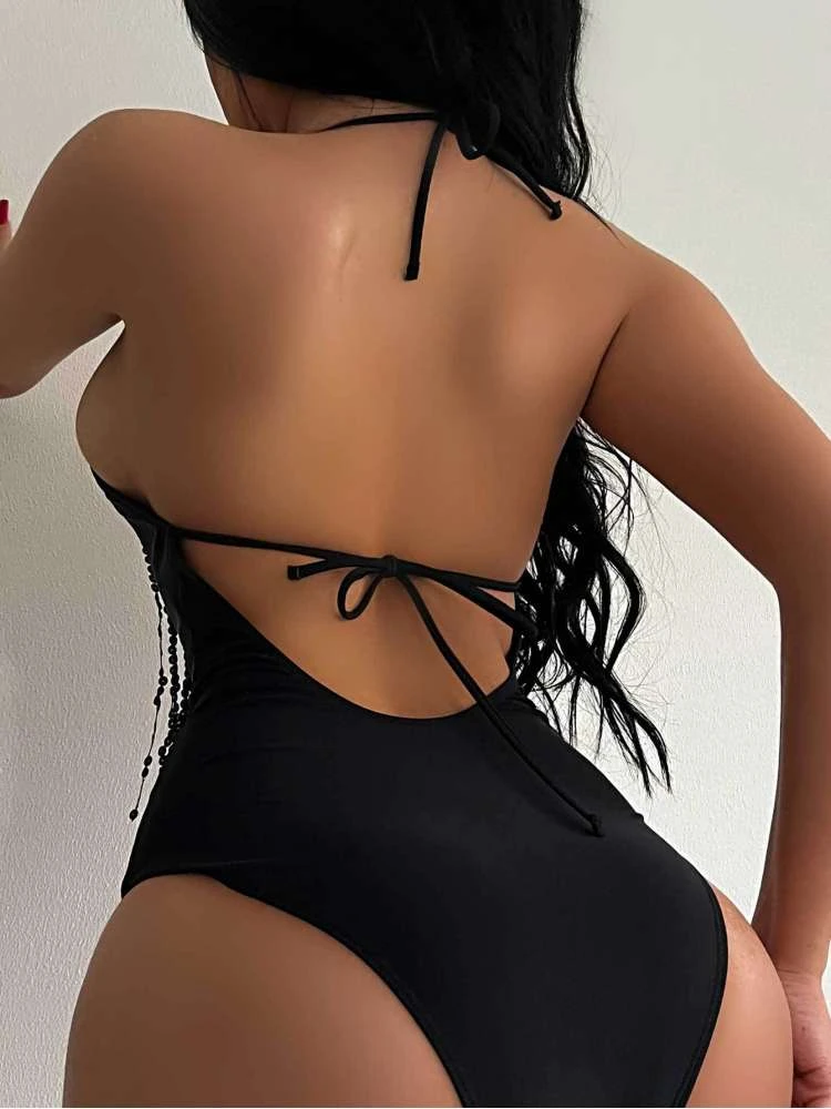 Patchwork Halter Neck Fitted One-Pieces - Image 3