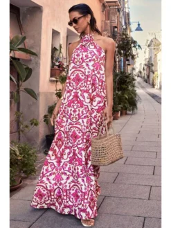 Flower Halter Lace-Up Backless Dress