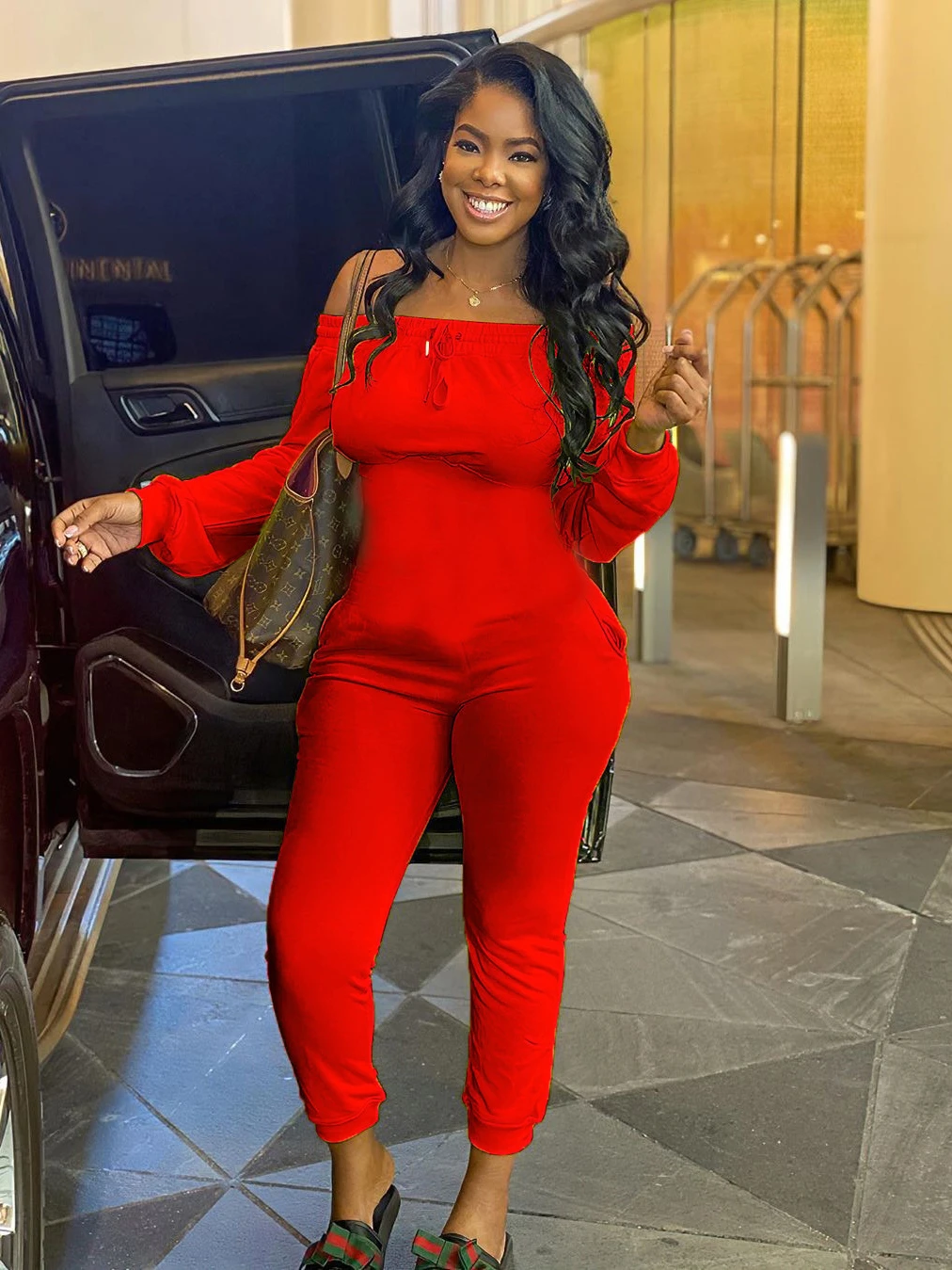 Solid Color Casual Off The Shoulder Jumpsuit