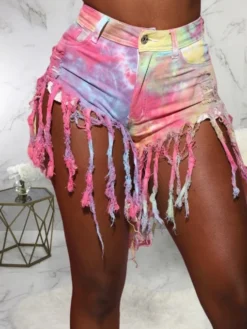 Chic Tassels Tie Dye Denim Shorts