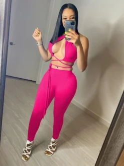 Sexy Fitted Solid Halter Top And Long Pants Sets