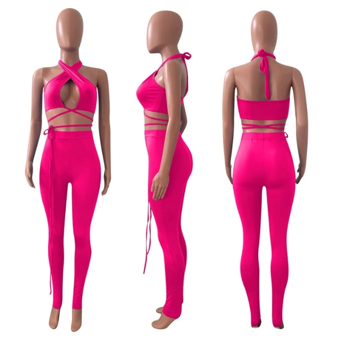 Sexy Fitted Solid Halter Top And Long Pants Sets - Image 2