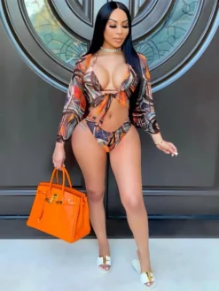 Sexy Print Gauze Three Piece Bikini Sets